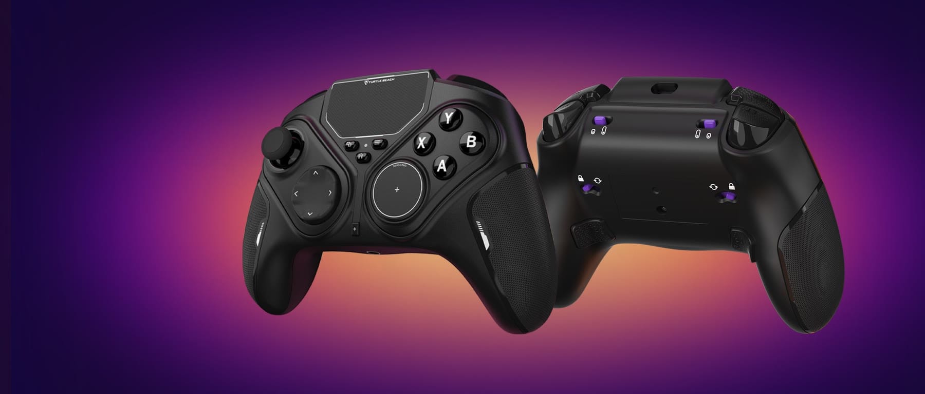 The Turtle Beach Stealth Flip with a stick on the left and a touchpad on the right, next to a view of its back with two module sliders