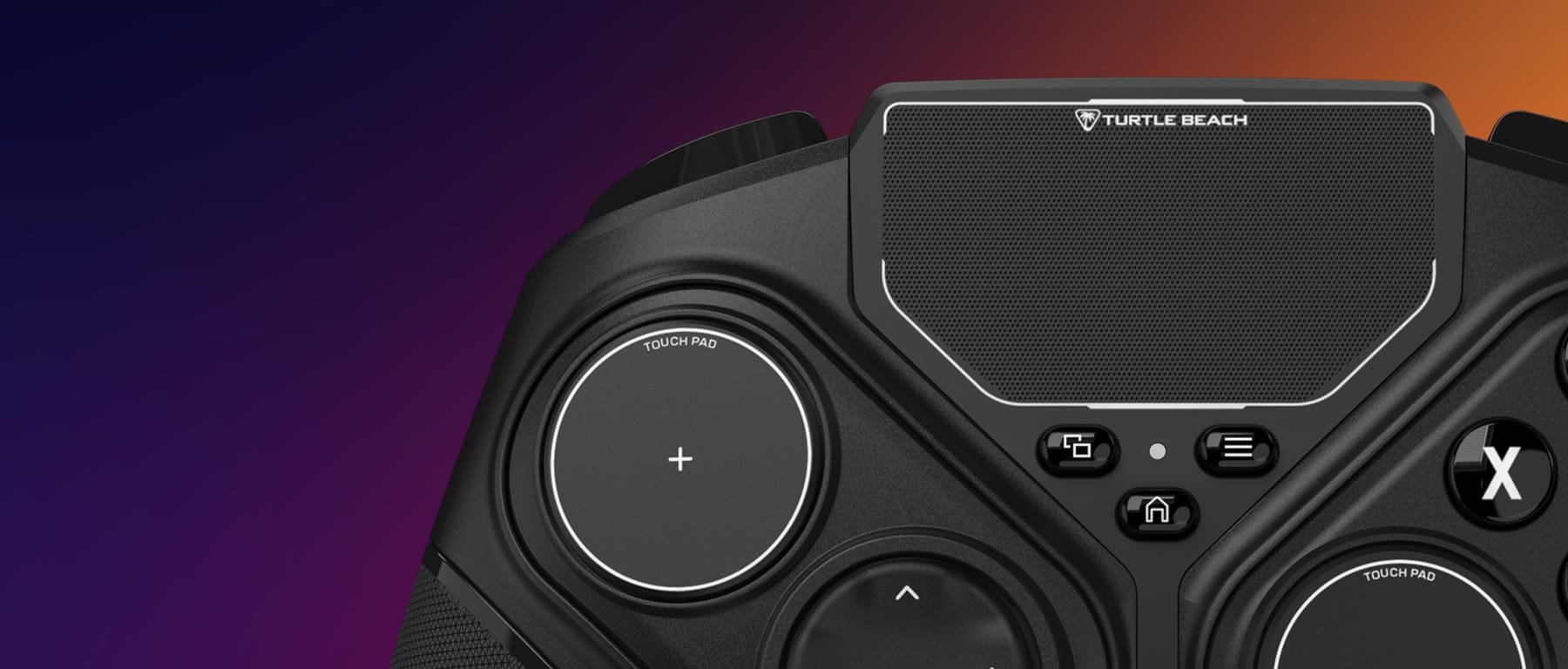 Close-up of the Turtle Beach Stealth Flip trackpad above two round touchpads