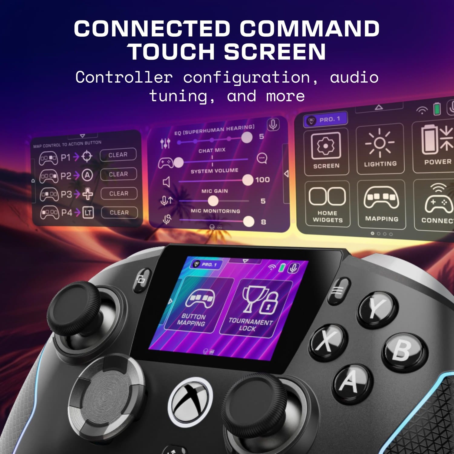 The Turtle Beach Stealth Ultra II with its touch screen showing button mapping and audio settings