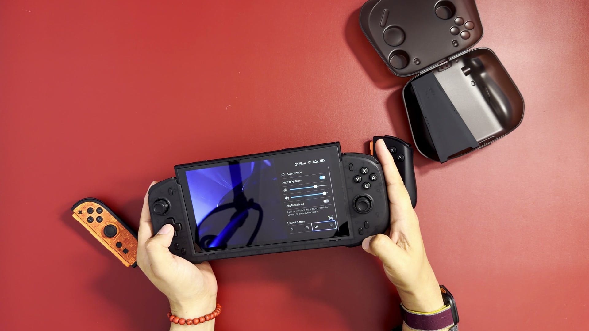 The Switch 2 quick menu showing GL and GR button assignments with the abxylute N6 attached