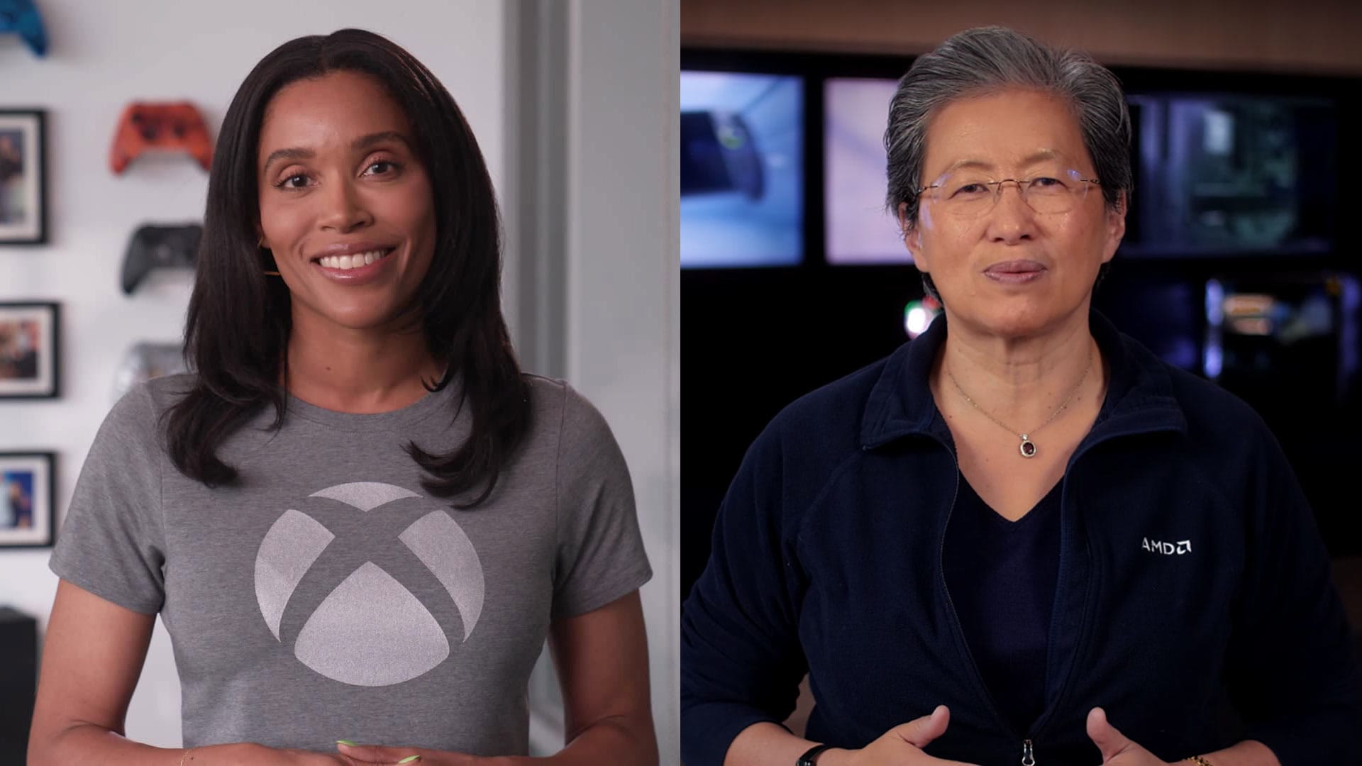 Sarah Bond in an Xbox T-shirt and AMD CEO Lisa Su, side by side in stills from their June 2025 announcement videos
