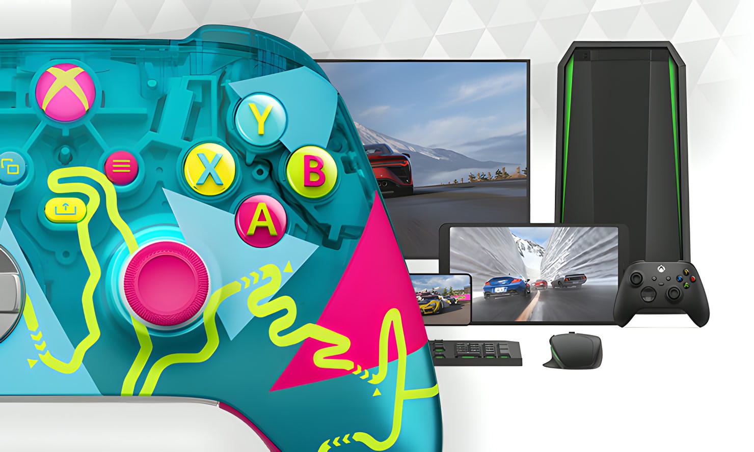 The Forza Horizon 6 controller with a gaming PC, monitor, tablet and phone, under a Bluetooth symbol