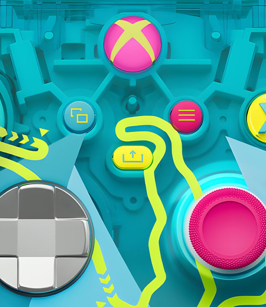 Close-up of the Forza Horizon 6 controller: a pink Xbox button with a lime X, a silver D-pad and a hot pink thumbstick on translucent cyan plastic