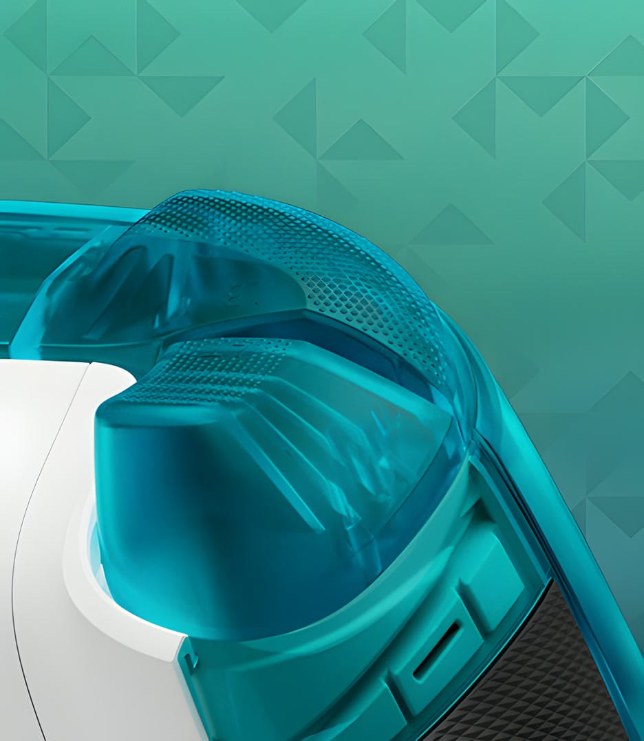 Close-up of the translucent cyan trigger and bumper on the Forza Horizon 6 controller, with a textured grip pattern