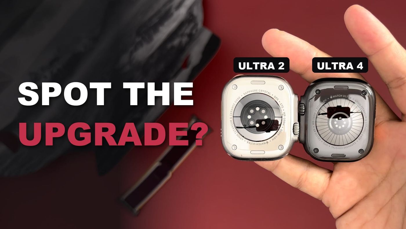 Apple Watch Ultra 2 and Ultra 4 backs side by side with the text Spot the upgrade?