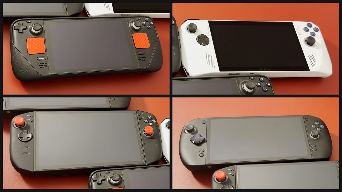 Steam Deck, ROG Ally, Legion Go 2 and X2 Mini Pro in a 2x2 grid of photos on a red mat