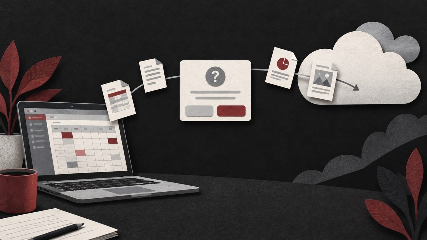 Editorial illustration of files moving from a laptop toward a cloud through a permission prompt