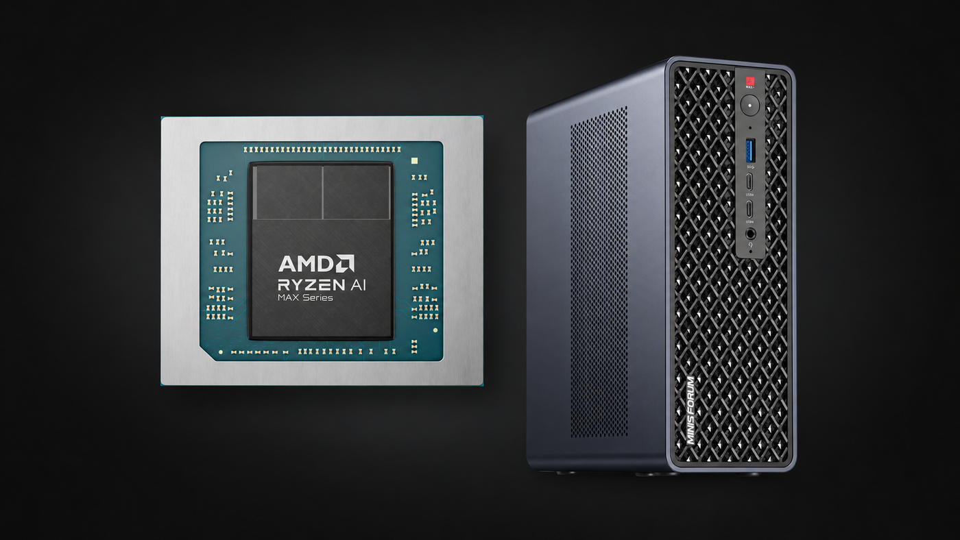 AMD Ryzen AI Max series processor artwork beside a Minisforum MS-S1 MAX computer on a dark background