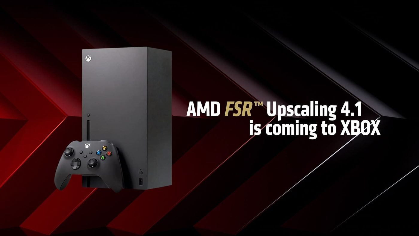 AMD slide of an Xbox Series X and controller with the text AMD FSR Upscaling 4.1 is coming to XBOX