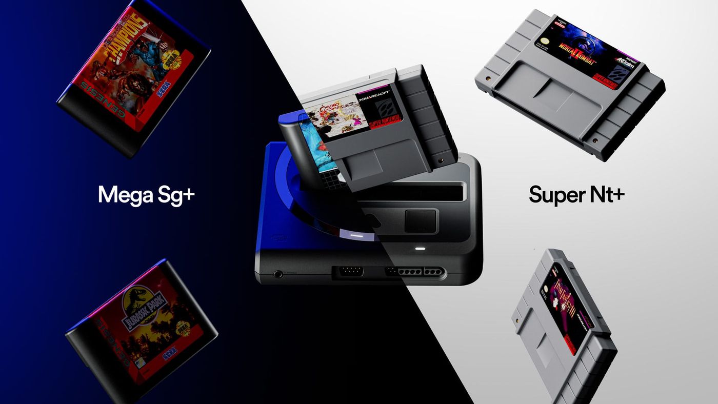 A Mega Sg+ and a Super Nt+ shown as one split console, with Genesis and Super Nintendo cartridges floating around it