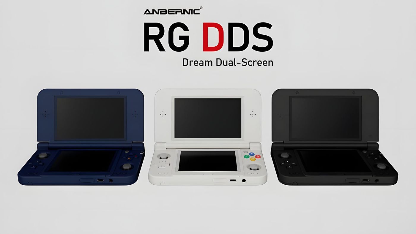 The Anbernic RG DDS in blue, white and black, open side by side under the RG DDS logo