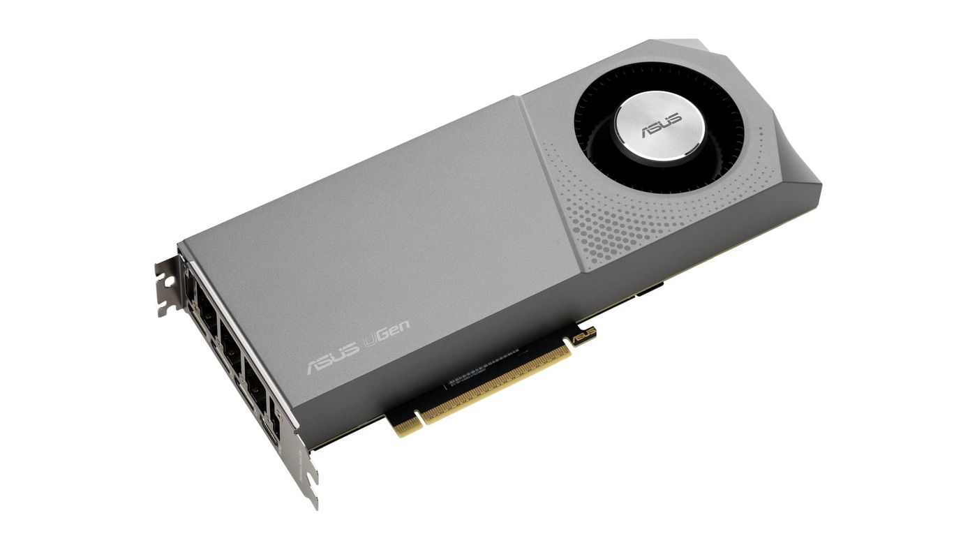 The ASUS UGen Arc Pro B70 32GB graphics card, a grey two-slot blower card, at a three-quarter angle