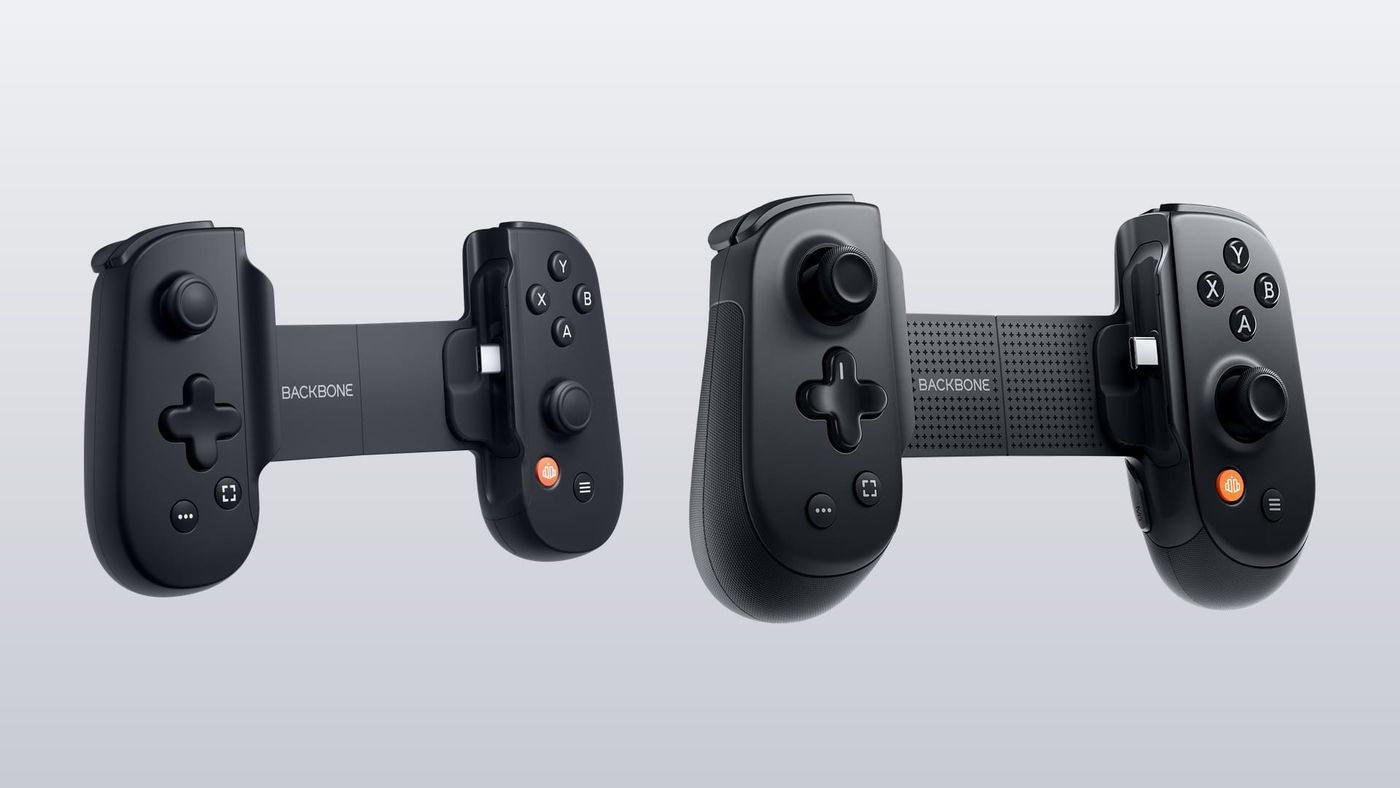 The Backbone One and the larger Backbone Pro side by side, both extended without a phone
