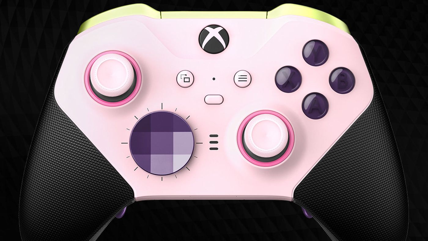 A pink and lime Xbox Elite Series 2 controller designed on Xbox Design Lab
