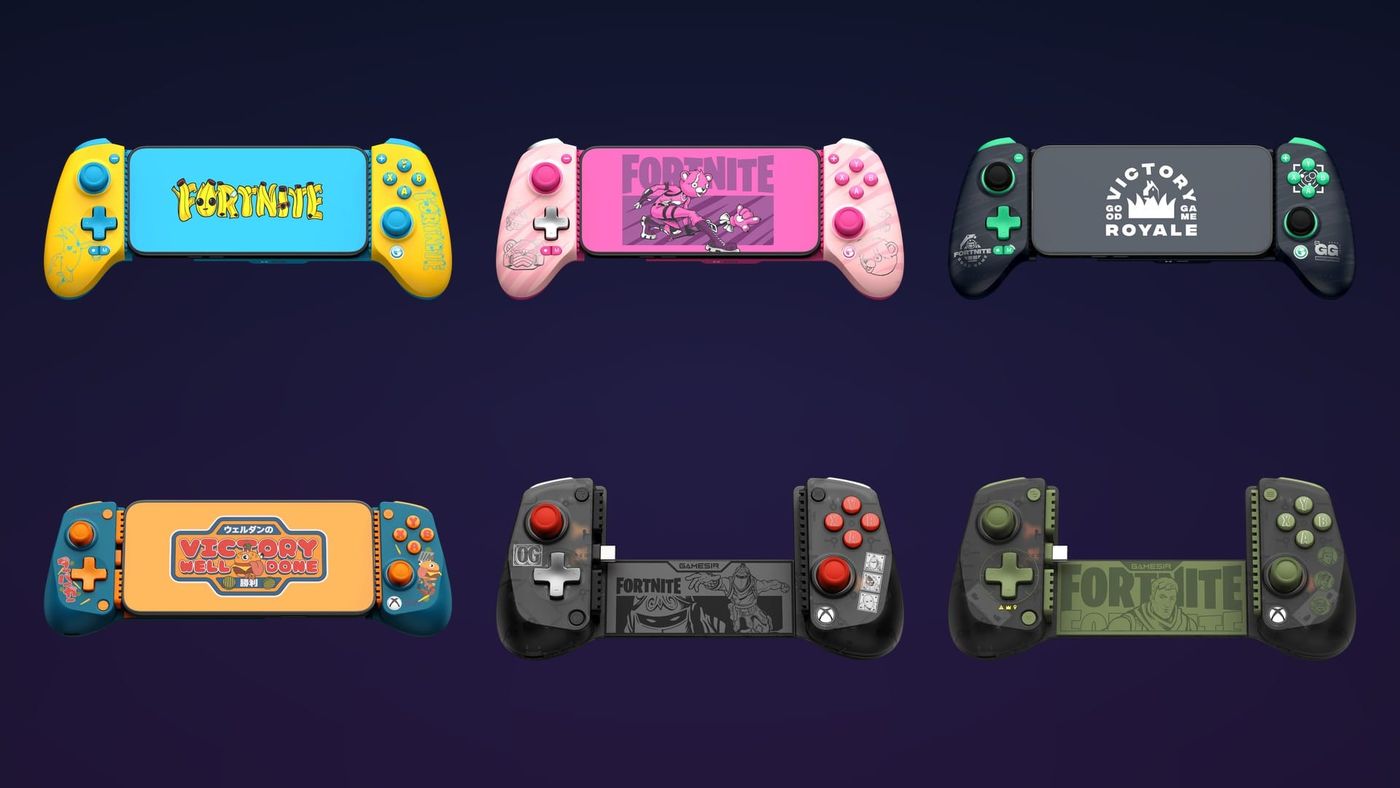 The six GameSir Fortnite controllers: G8 Plus Peely, Cuddle Team Leader and Victory Royale editions above X5 Lite for XBOX Durrr Burger, Black Knight and Jonesy editions