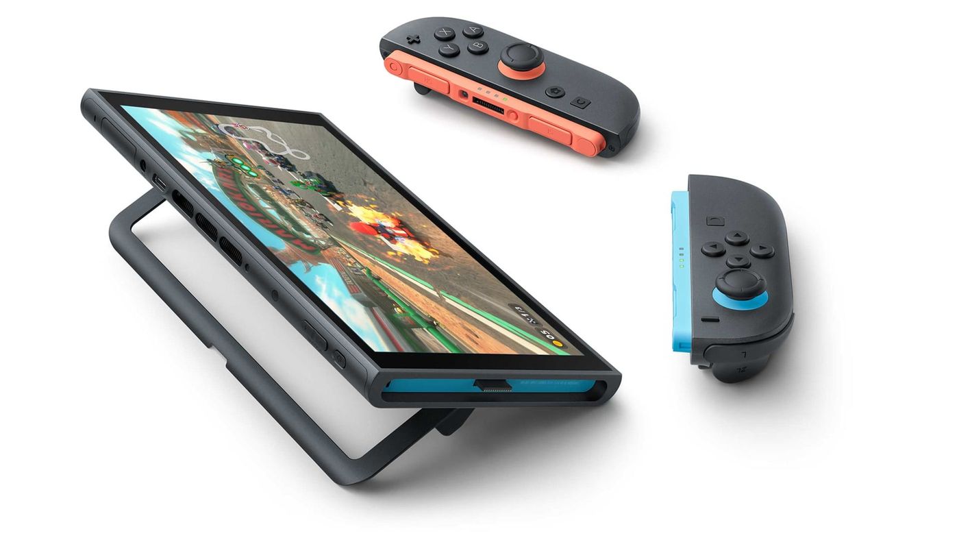 Nintendo Switch 2 standing on a table in tabletop mode with its kickstand out
