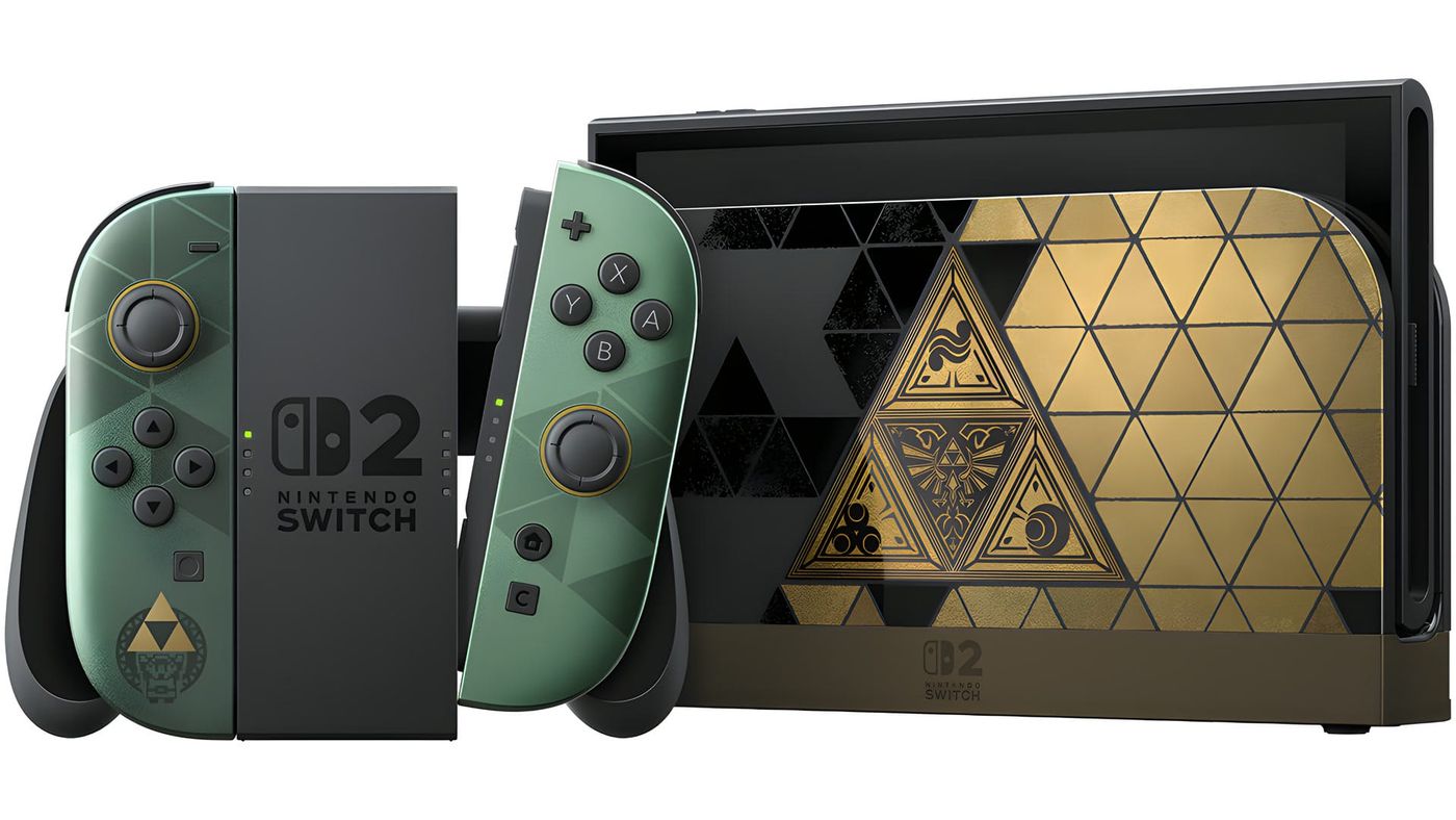 Green and gold Zelda Joy-Con 2 in the grip next to the black dock with a gold Triforce
