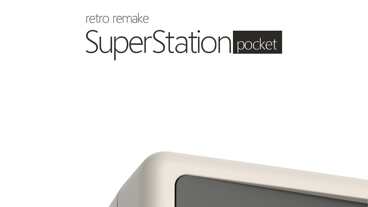The retro remake SuperStation pocket wordmark above the top corner of a grey handheld