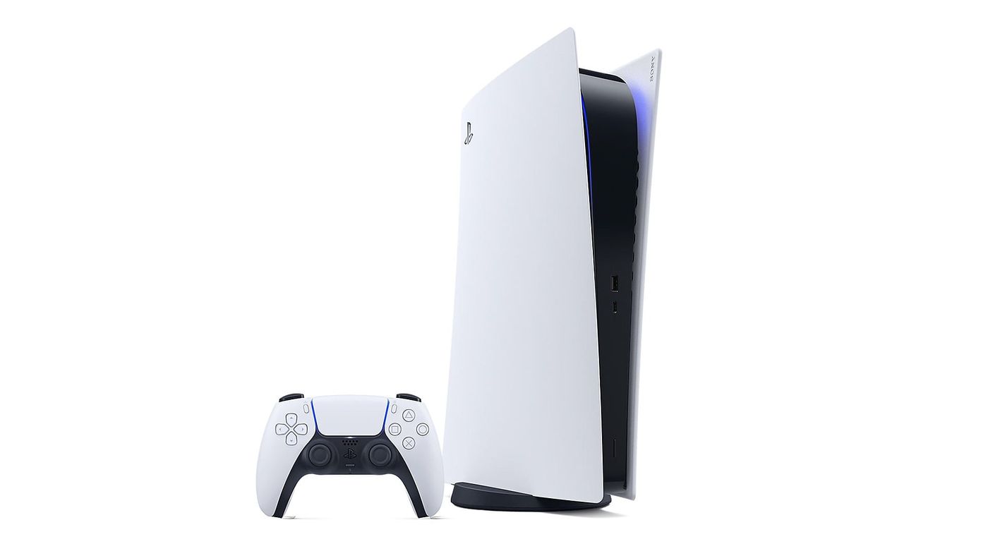 An original PS5 Digital Edition standing upright next to a white DualSense controller