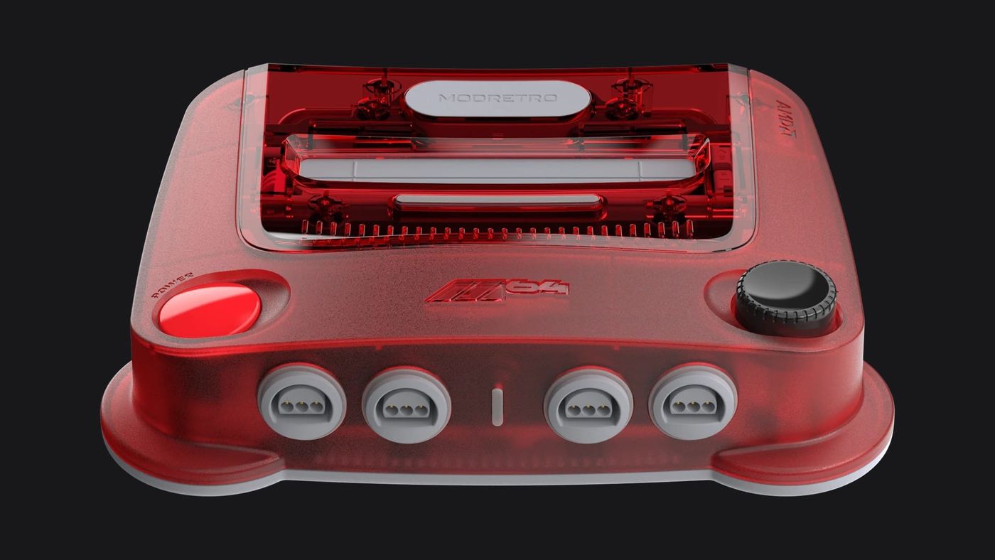 ModRetro render of the M64 console in AMD Red, a transparent red shell with four controller ports