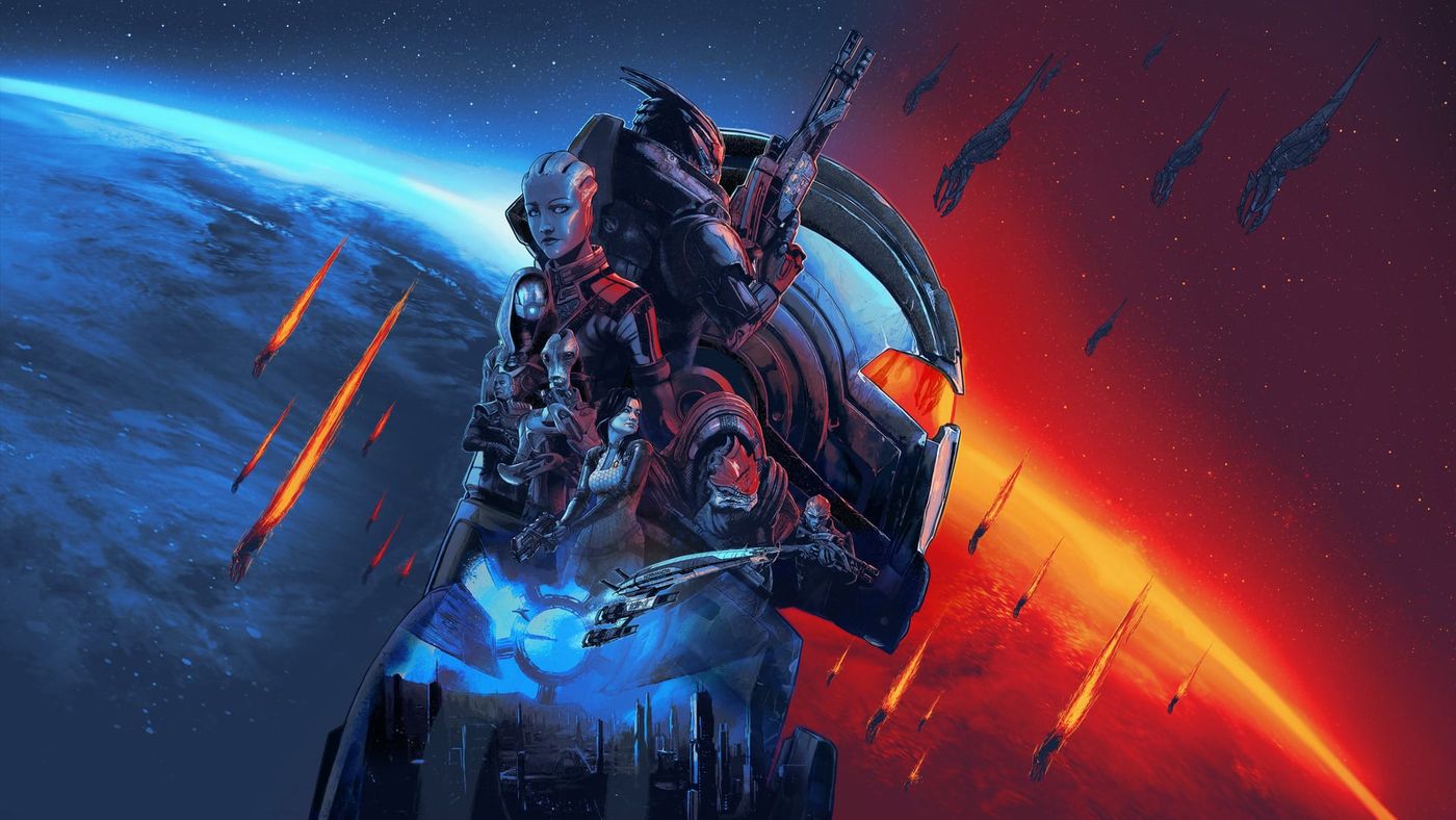 Mass Effect Legendary Edition key art showing the squad, an N7 helmet and the Normandy over a planet