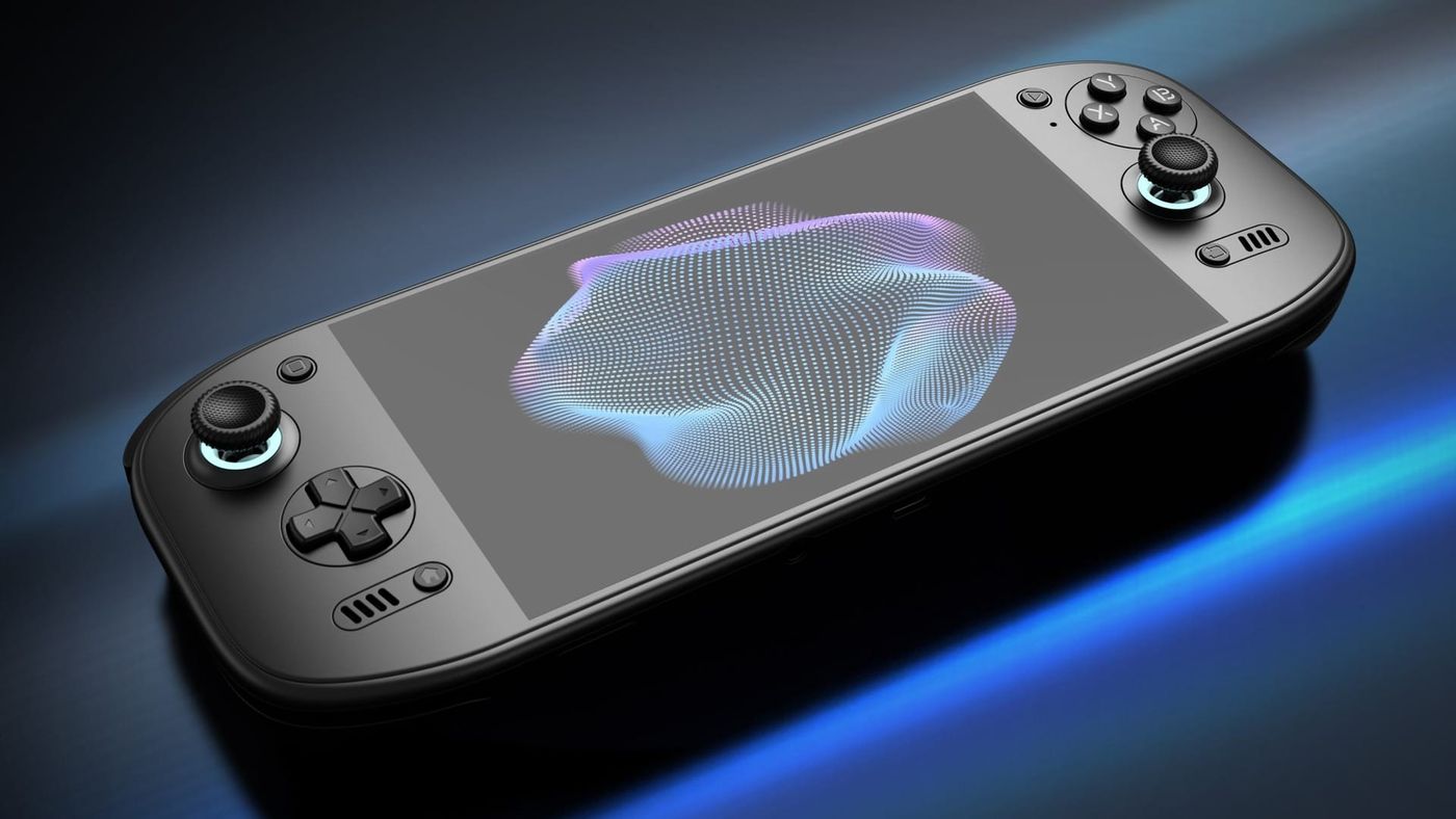 Official AYN render of the black Odin 3 Portal Android handheld on a dark surface with a blue light streak