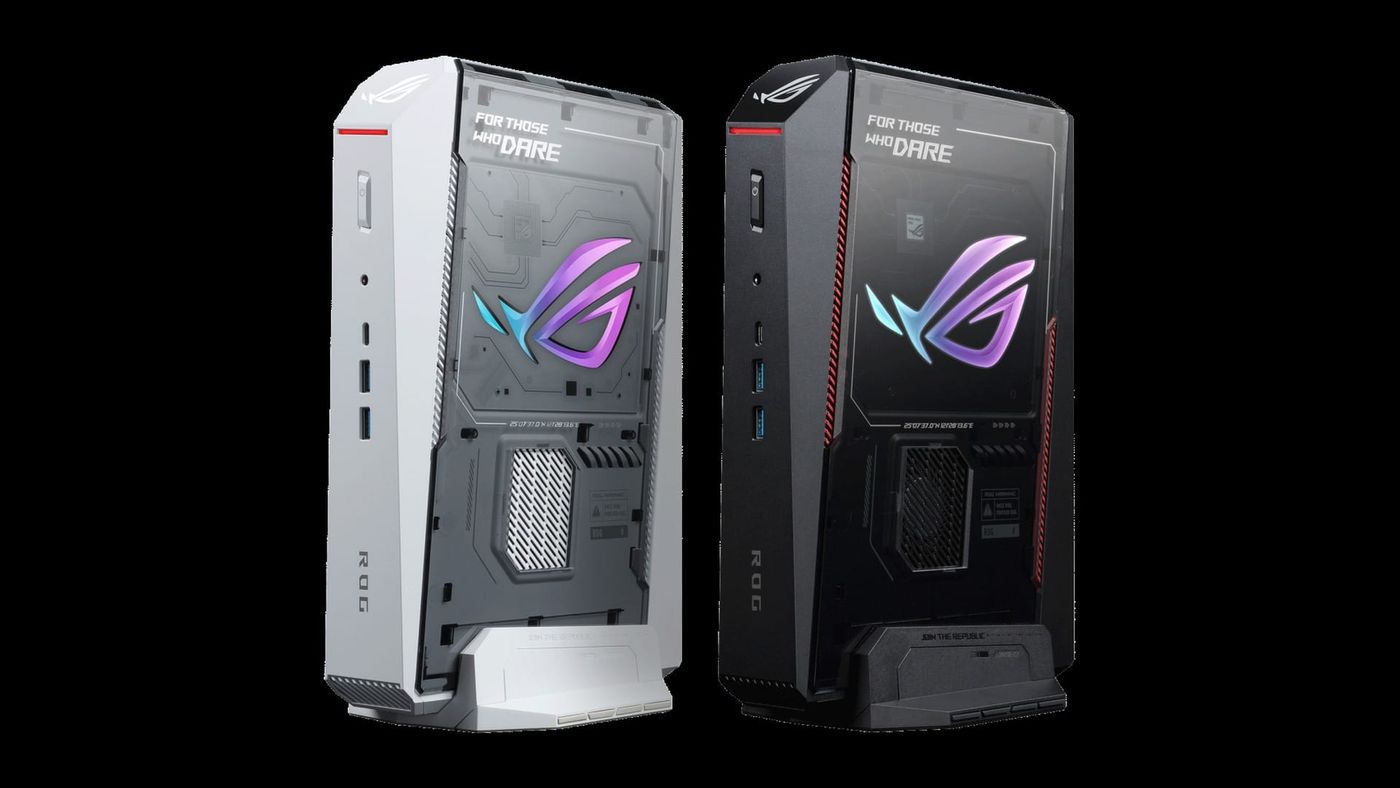 White and black ASUS ROG NUC 16 mini PCs standing upright side by side