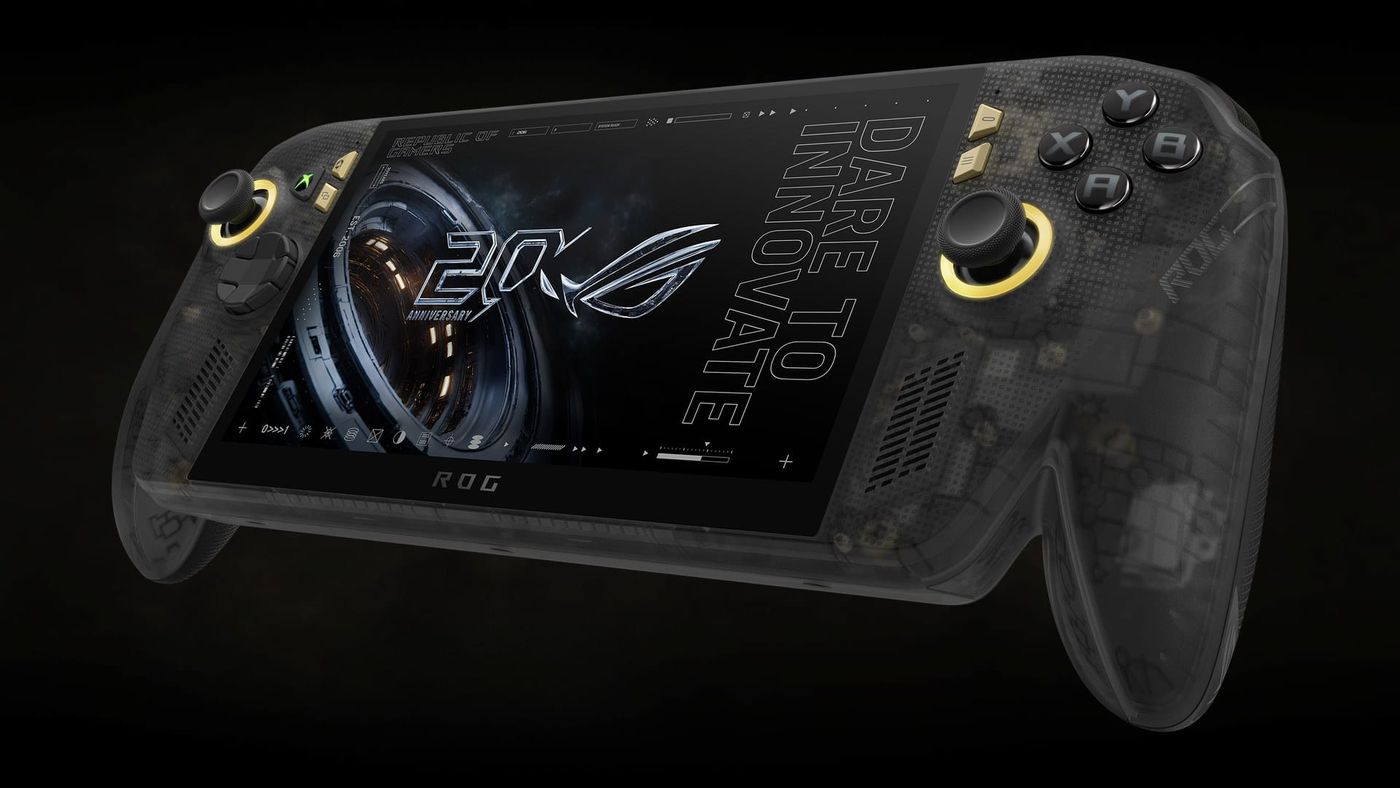 The ROG Xbox Ally X20 handheld at an angle, in translucent black with gold-ringed sticks and a 20th anniversary logo on its screen