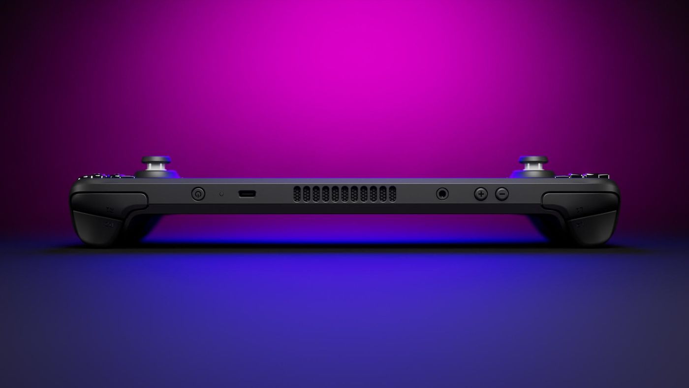 The top edge of the current Steam Deck, with its shoulder buttons and vents, on a purple background