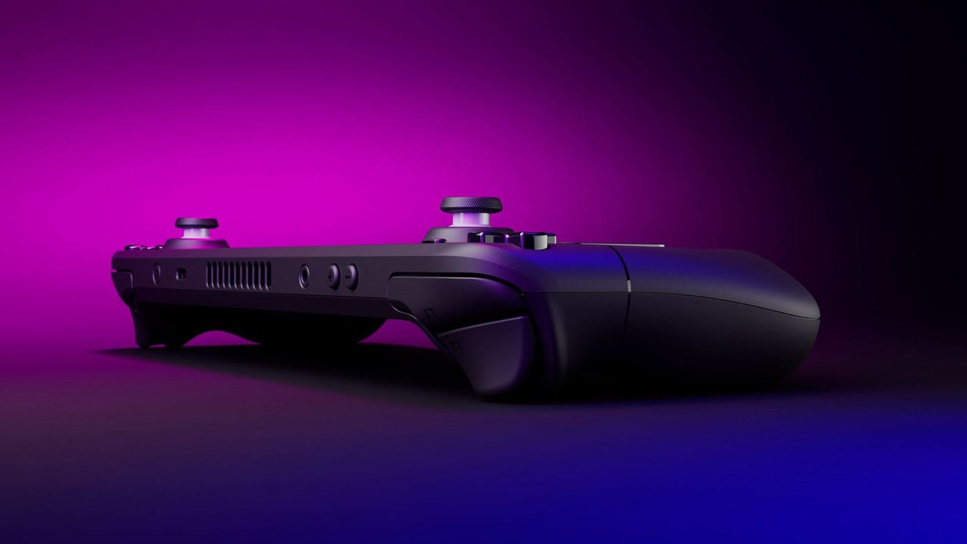 The original Steam Deck seen from its top edge against a purple and blue background