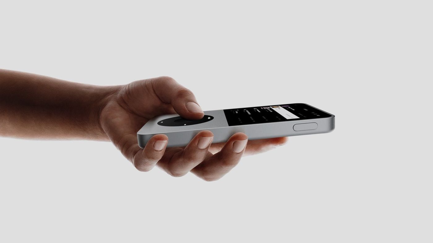 A silver Sudo music player held in one hand, rendered on a light grey background