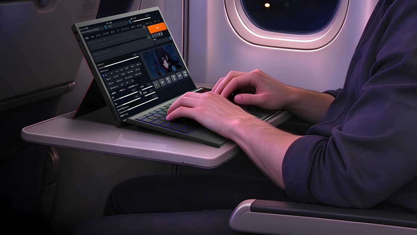 A person typing on the OneXPlayer Super X Pro with its keyboard on an airplane tray table