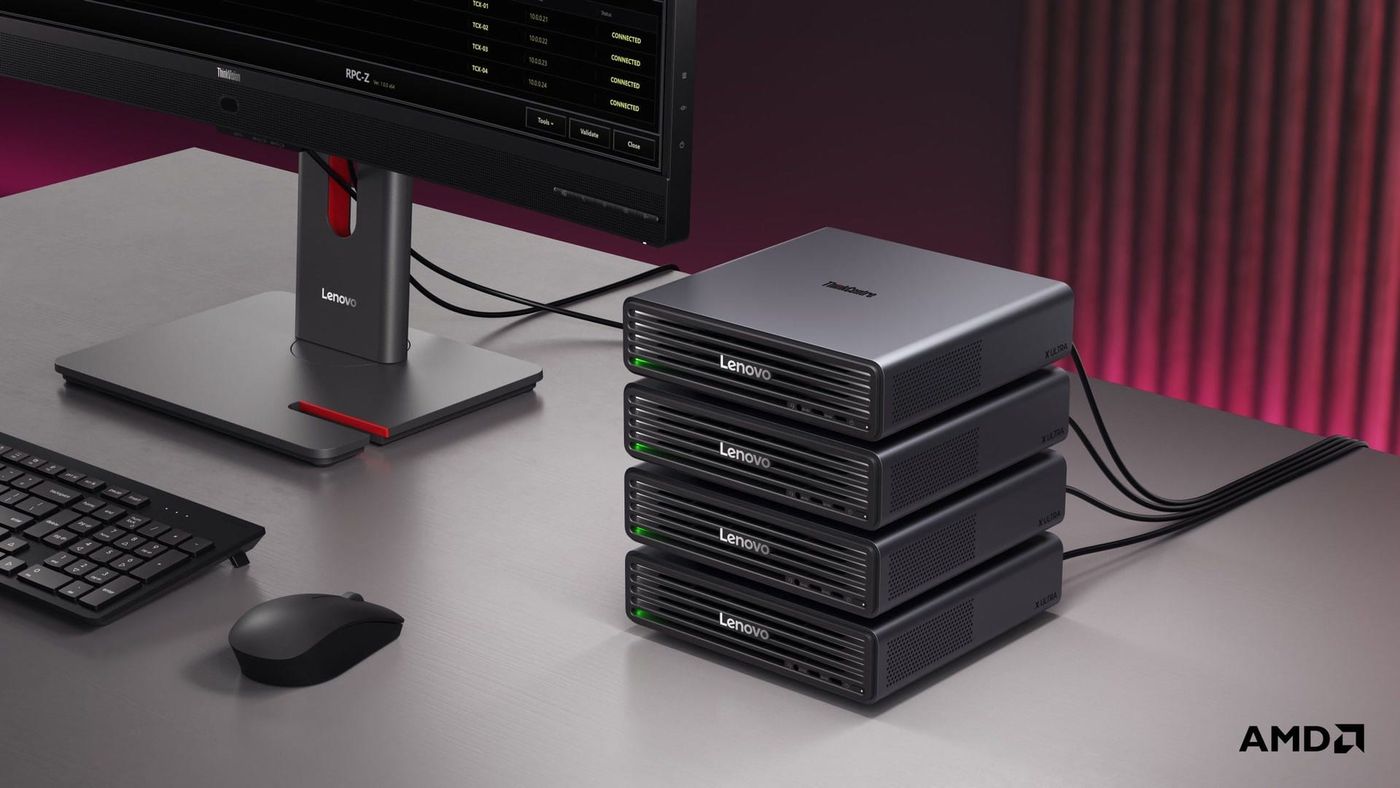Four Lenovo ThinkCentre X Ultra mini PCs stacked together