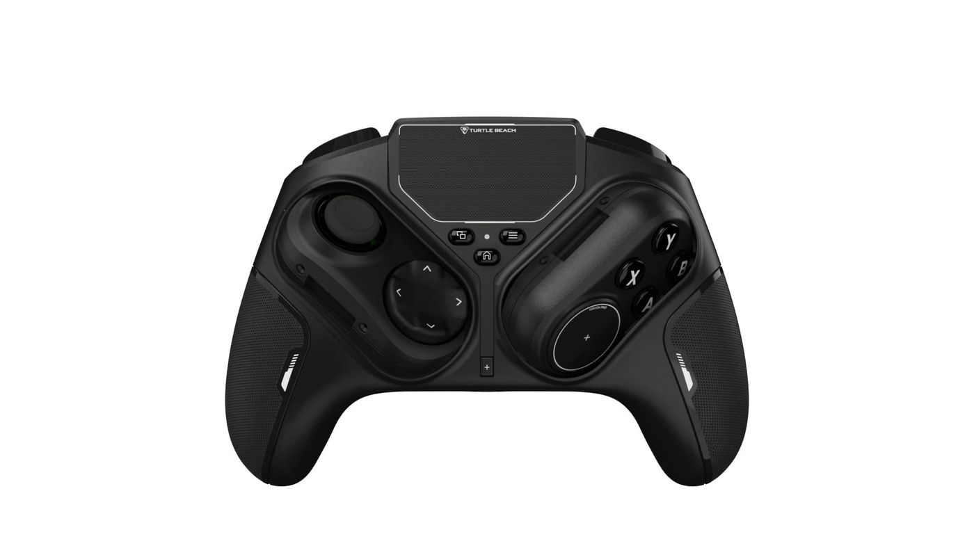 The Turtle Beach Stealth Flip controller with its right stick module turned partway, showing the touchpad on its other side