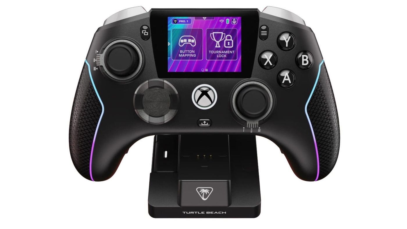 The Turtle Beach Stealth Ultra II controller on its charge dock, with its touch screen showing button mapping and tournament lock