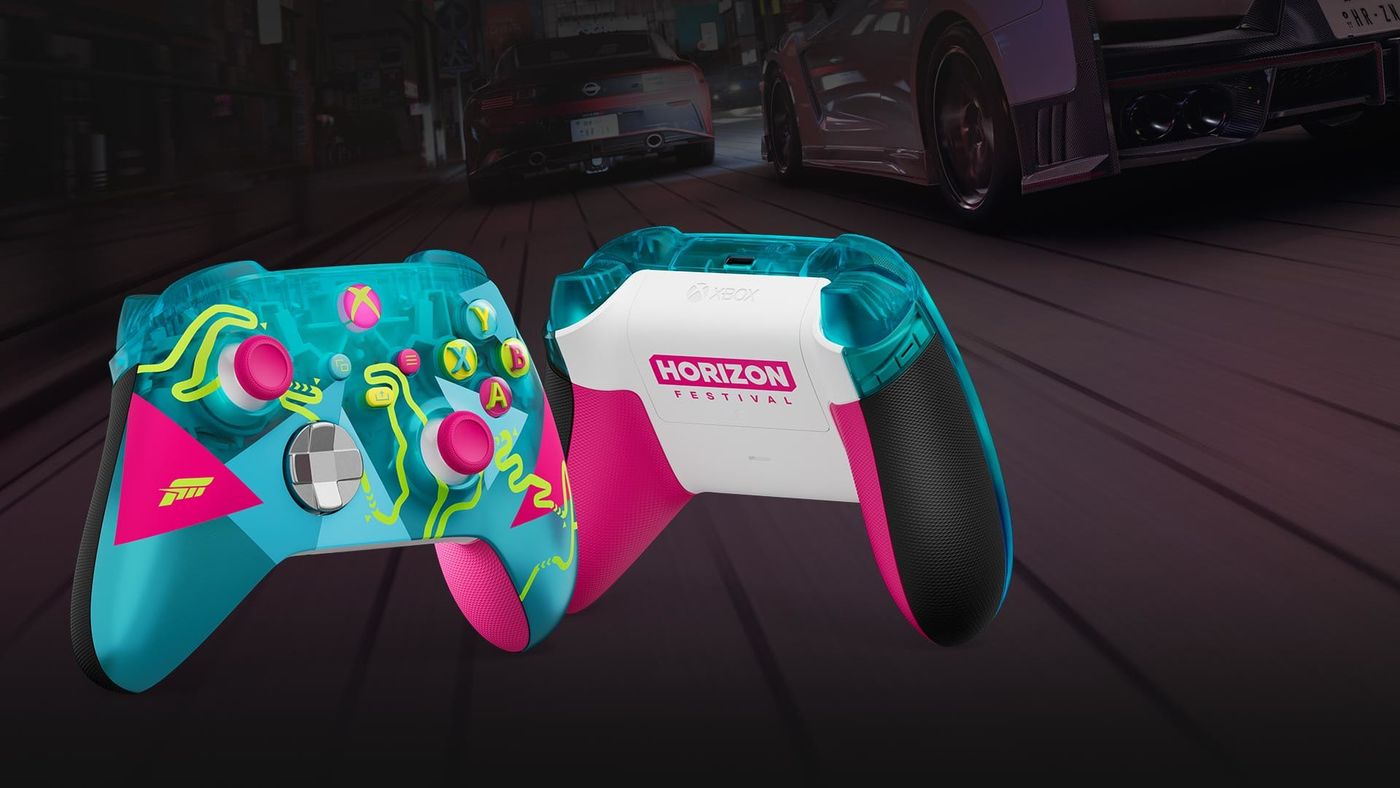 The Forza Horizon 6 Limited Edition Xbox controller from the front and back: translucent cyan with hot pink sticks and grips, and a white battery door with the Horizon Festival logo