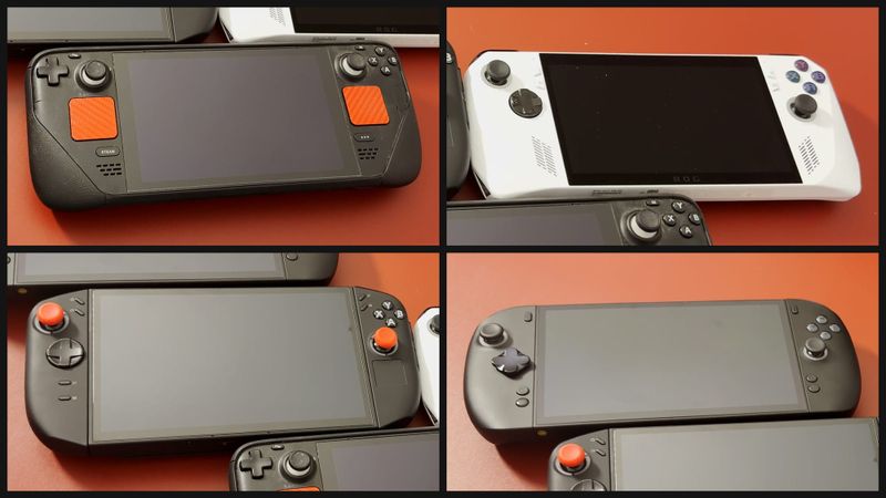 Steam Deck, ROG Ally, Legion Go 2 and X2 Mini Pro in a 2x2 grid of photos on a red mat