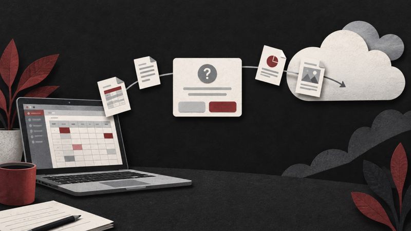 Editorial illustration of files moving from a laptop toward a cloud through a permission prompt