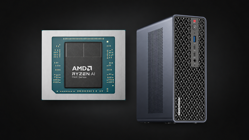 AMD Ryzen AI Max series processor artwork beside a Minisforum MS-S1 MAX computer on a dark background