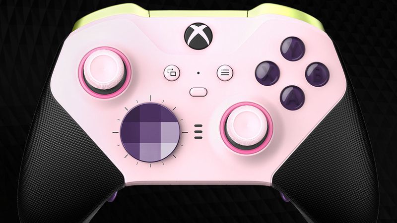 A pink and lime Xbox Elite Series 2 controller designed on Xbox Design Lab