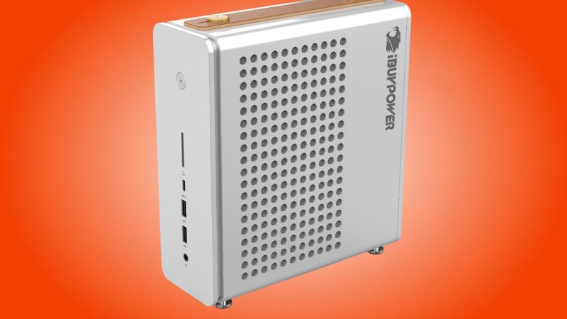 The white iBuyPower Pro AMD AI Halo Mini PC on an orange background
