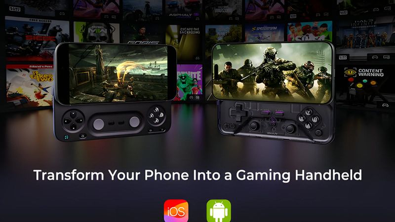 Renders of the abxylute M5 and M6 controllers attached to phones running games