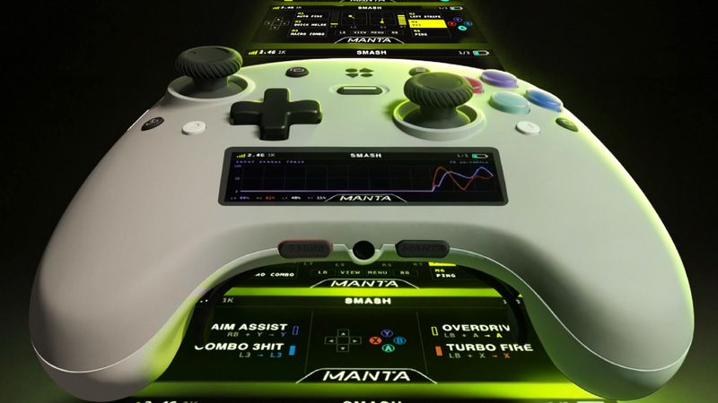 White Genki Manta controller with MantaOS dashboards glowing green behind it