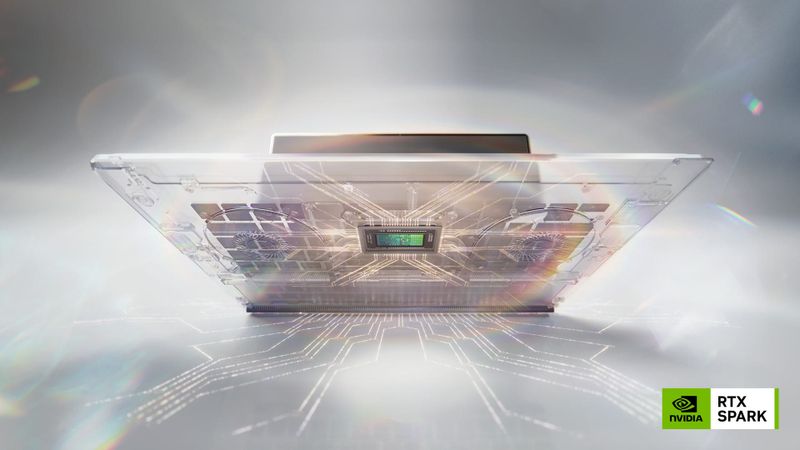 An Nvidia RTX Spark laptop render with a transparent chassis showing the N1X chip