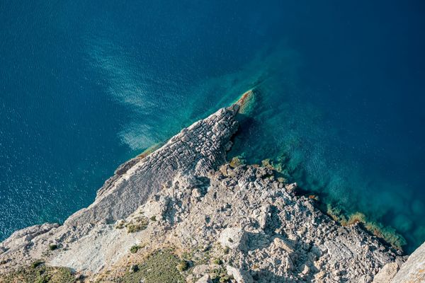 Aerial view of Mallorca's southwest coastline, turquoise sea and rocky cliffs