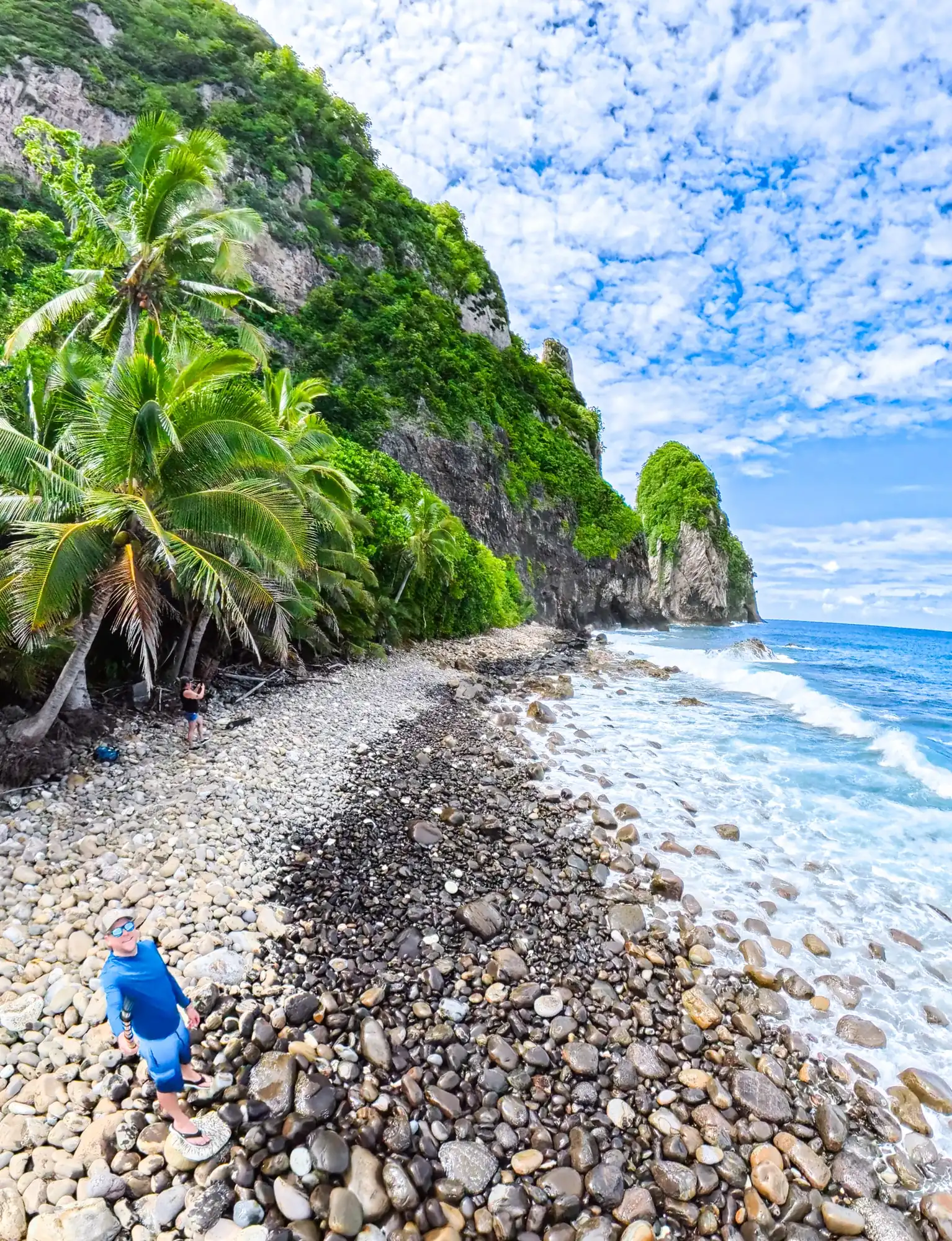 Rocky beach with limestone cliffs, palm trees, and turquoise ocean waves at American Samoa National Park