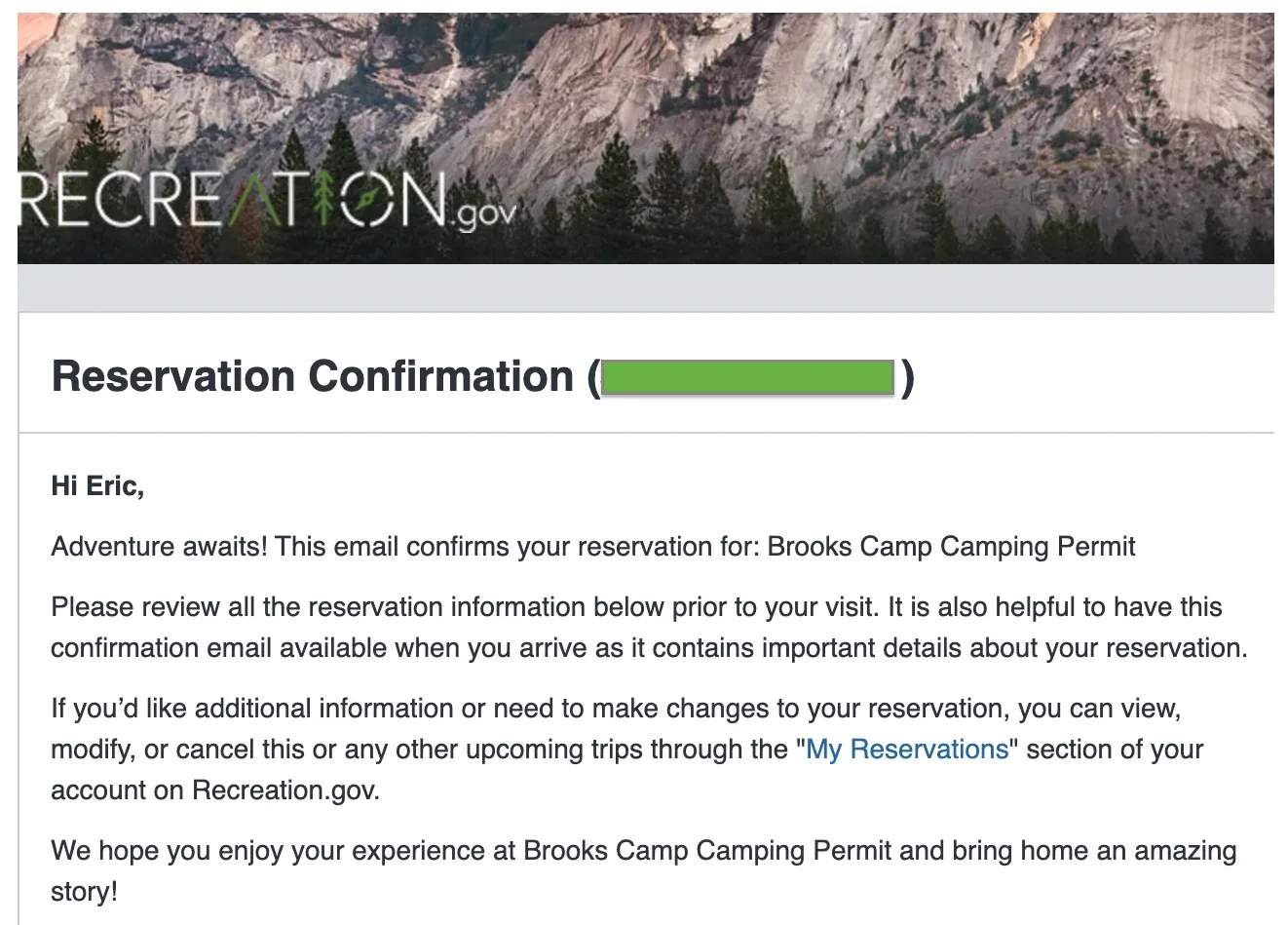 Recreation.gov reservation confirmation email for Brooks Camp camping permit with mountain landscape header