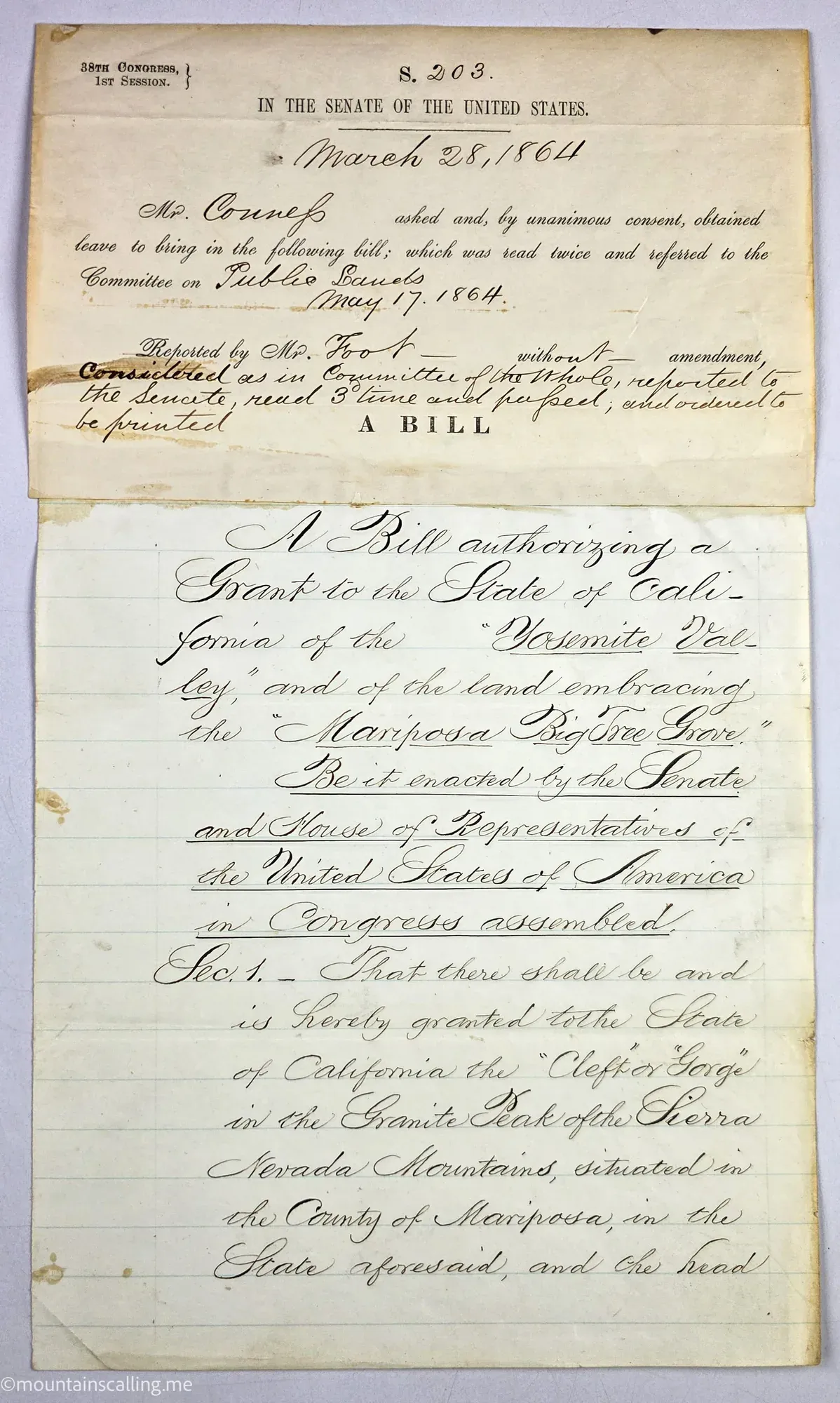 Original handwritten Yosemite Grant Bill from 1864, signed legislation that created America's first protected wilderness area