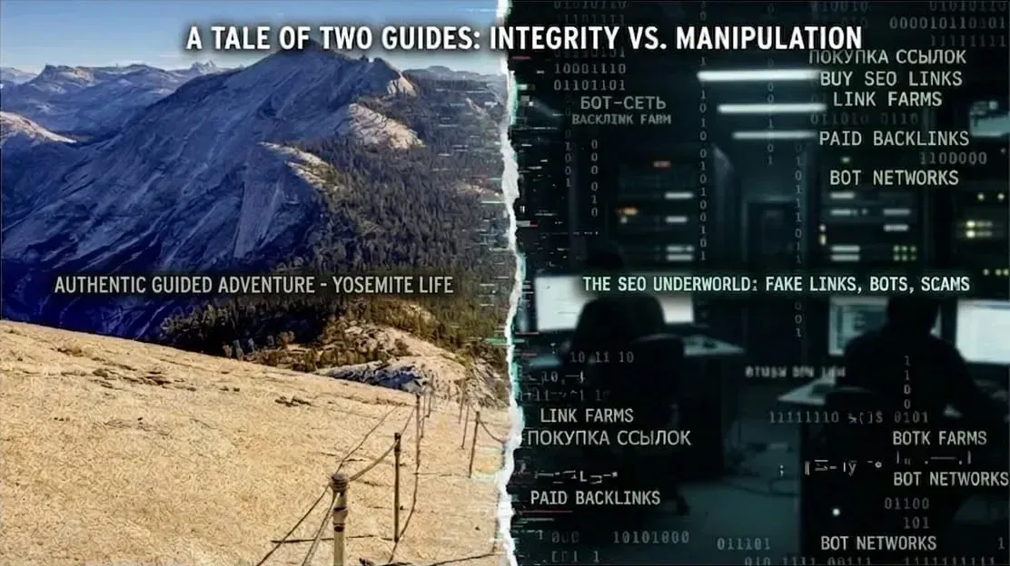 Split screen showing authentic Yosemite mountain trail on left versus dark digital code representing fake SEO links and bot networks on right