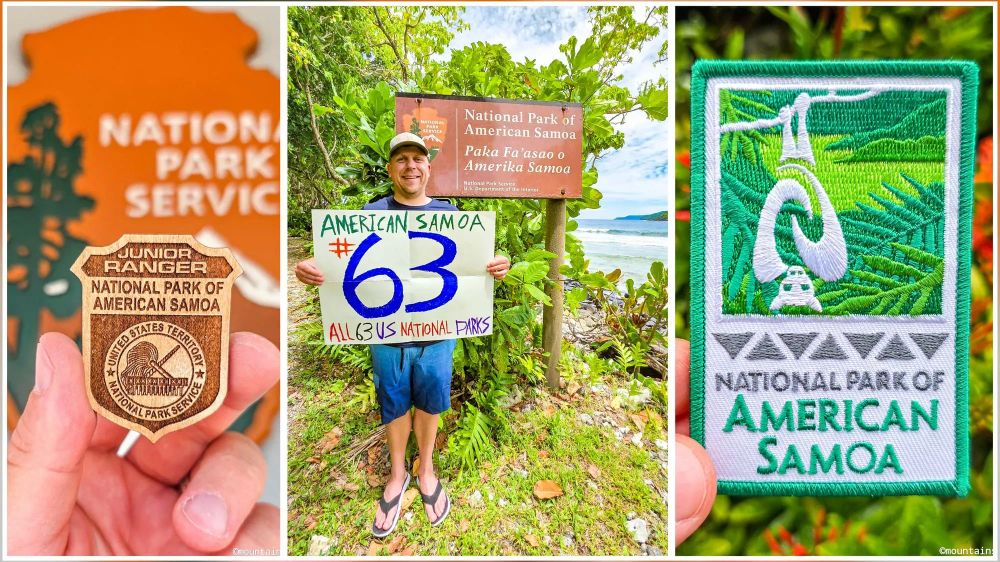 National Park of American Samoa Junior Ranger badge, visitor celebrating 63rd park completion, and commemorative patch